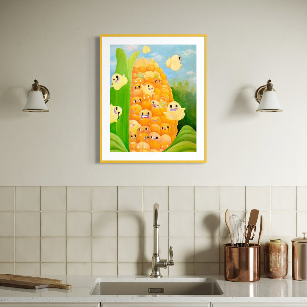 Framed artwork of a corn with popcorn popping out of the cob mounted on a kitchen wall above a sink.