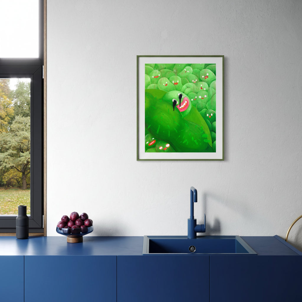 Framed artwork of a green peas in a pod on a wall above a blue kitchen sink.