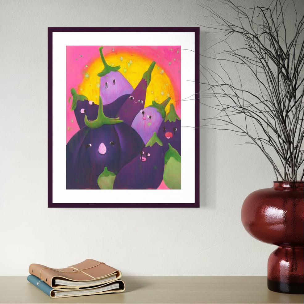 Framed artwork of stylized eggplants on a wall above a shelf with books and a vase.
