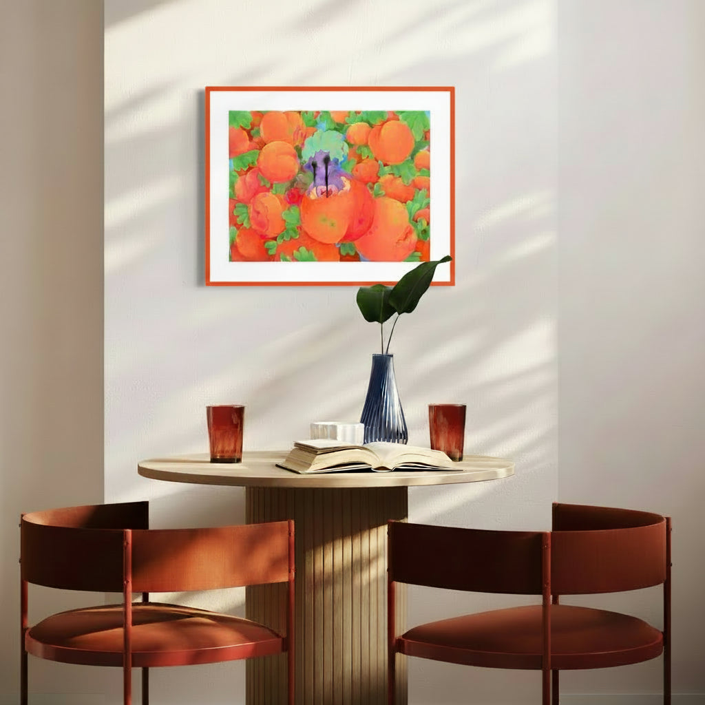 An original painting of a peach boy coming out of a peach in the peach farm mounted on top of a set of dining table and chairs