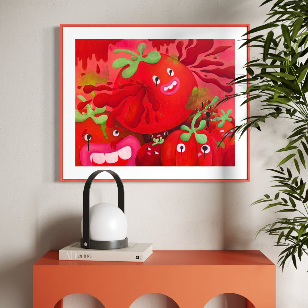 Framed artwork of cartoon tomatoes on a wall above an orange table with a lamp and plant.