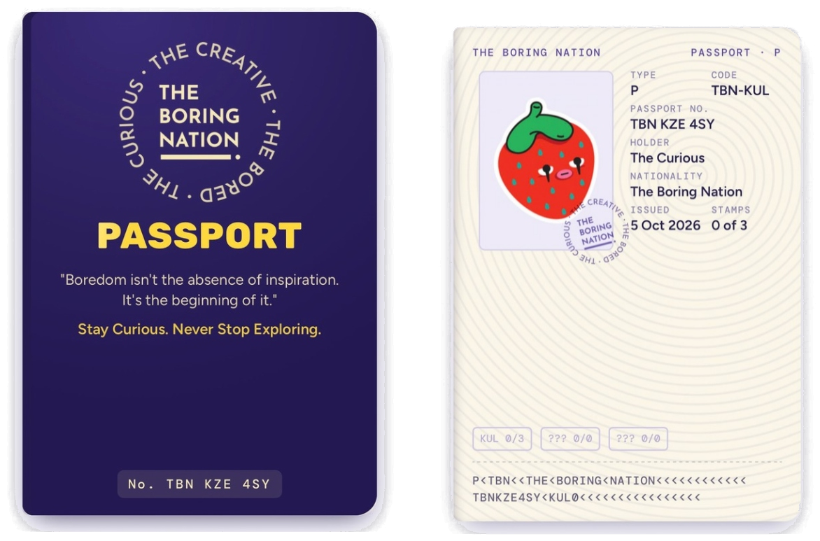 The Boring Nation trail passport: navy cover and the inside page with a strawberry character photo and three stamp slots
